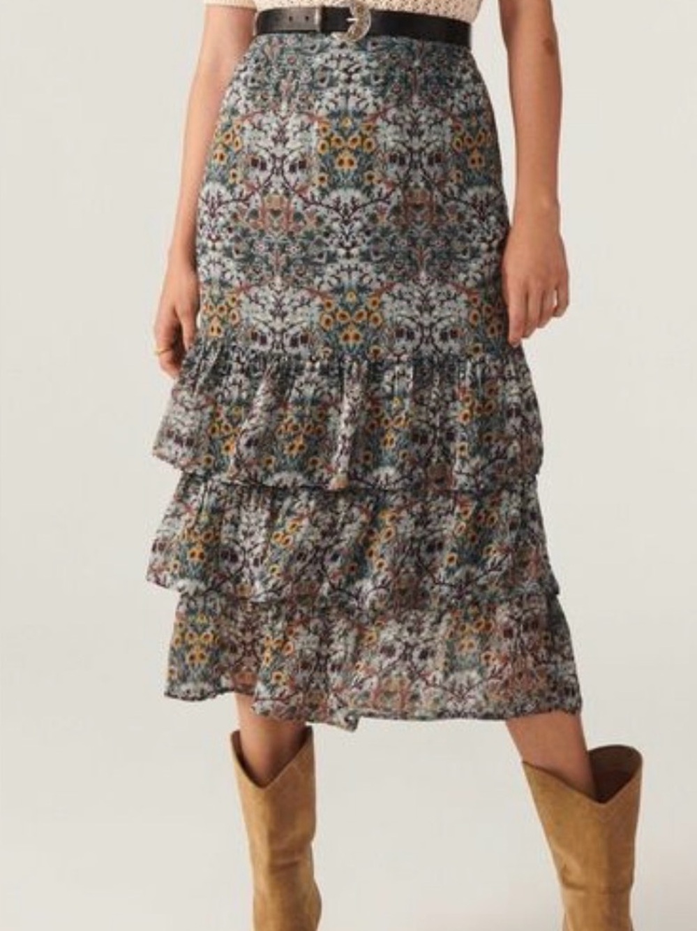 ba&sh Green Multi Floral Asymmetrical Ruffle Skirt